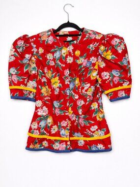 Vintage Floral Cotton Blouse Size 10 Cottagecore Puff Sleeve USA Shoulder Pads